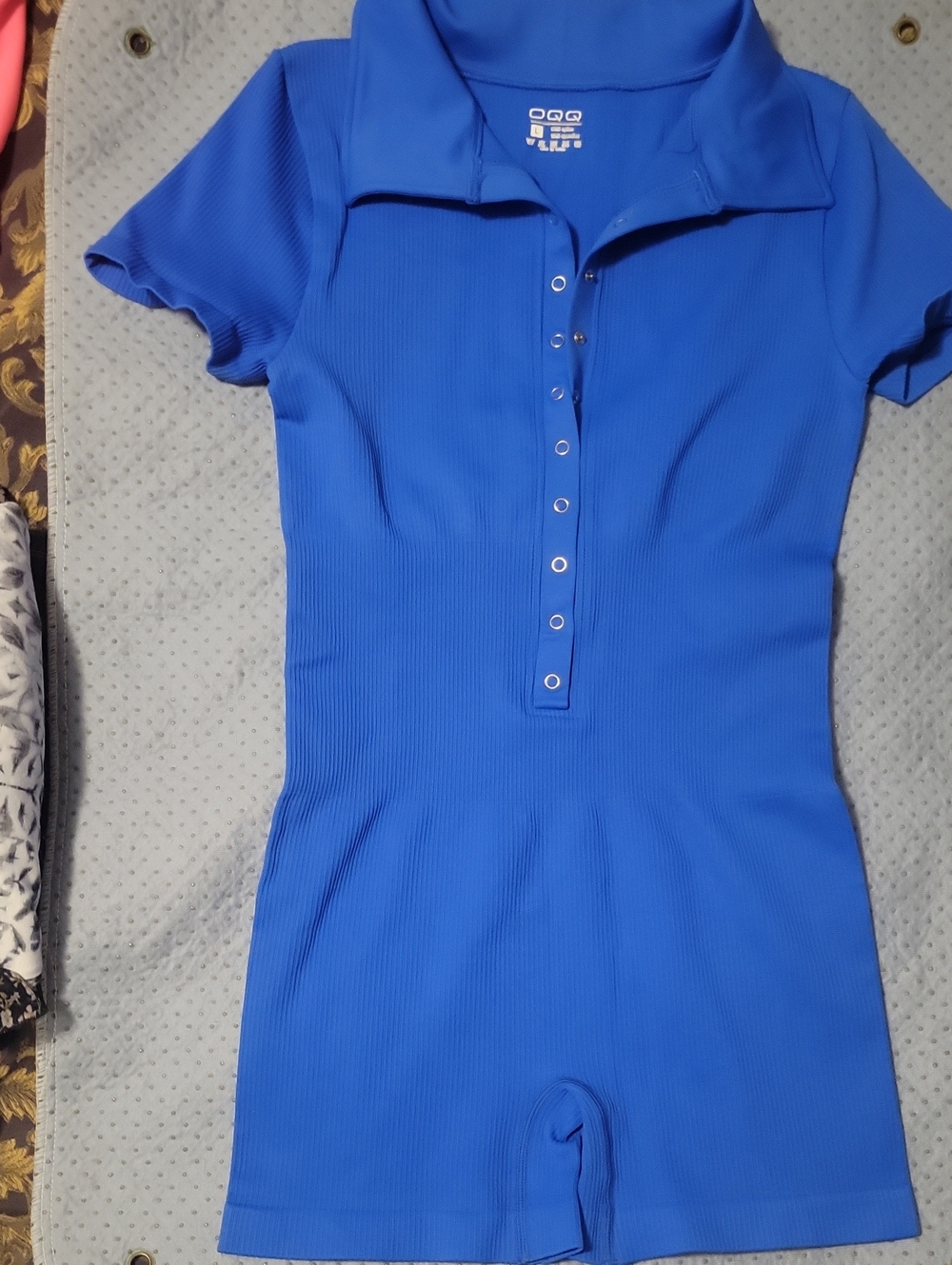 OQQ Blue Snap-Front Ribbed Romper Size Large